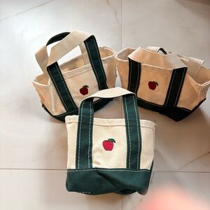 NWOT Mini Canvas Apple Tote Bags- Cream & Green